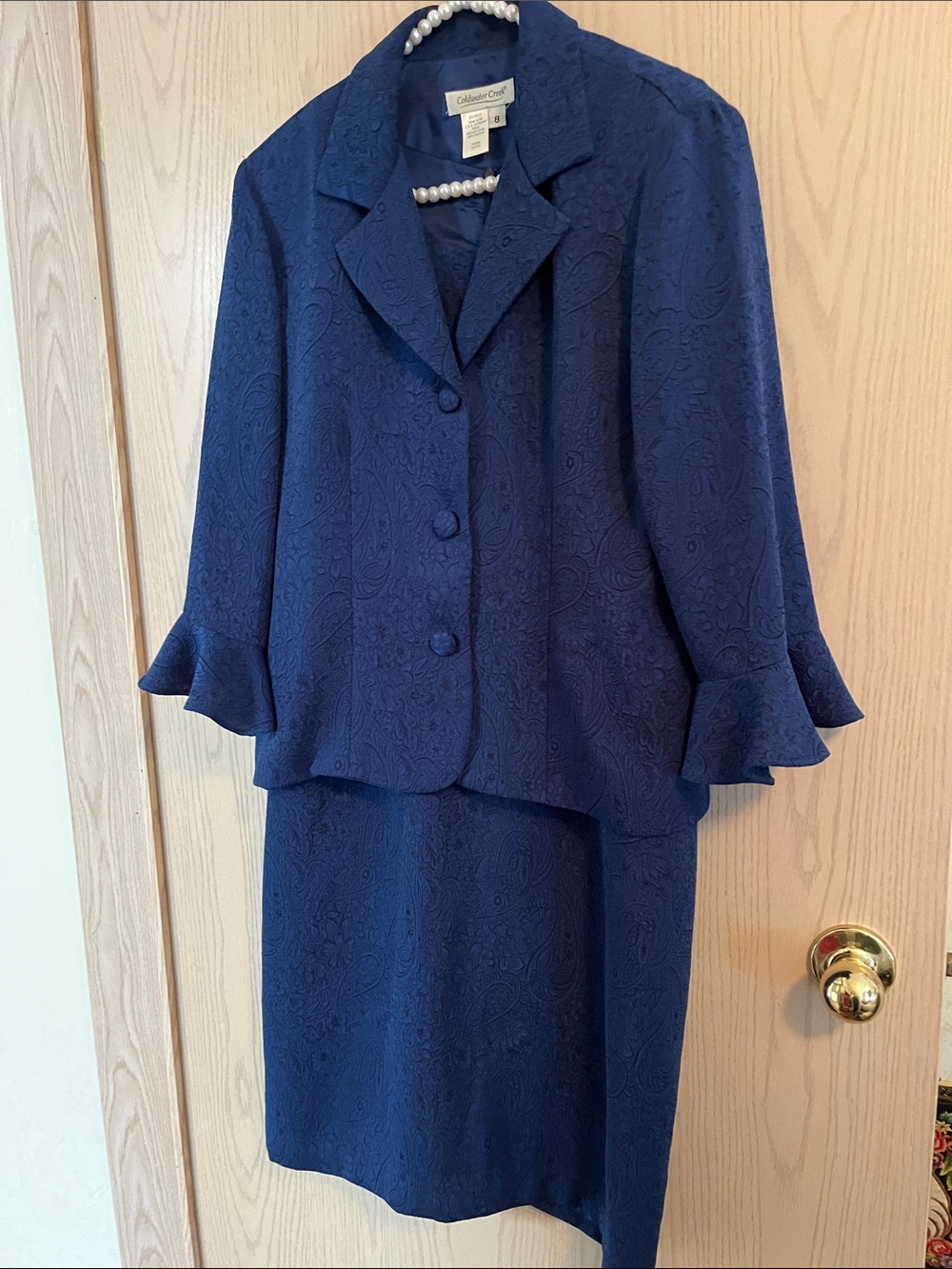 Coldwater Creek Navy Embossed Two-Piece Skirt Set
